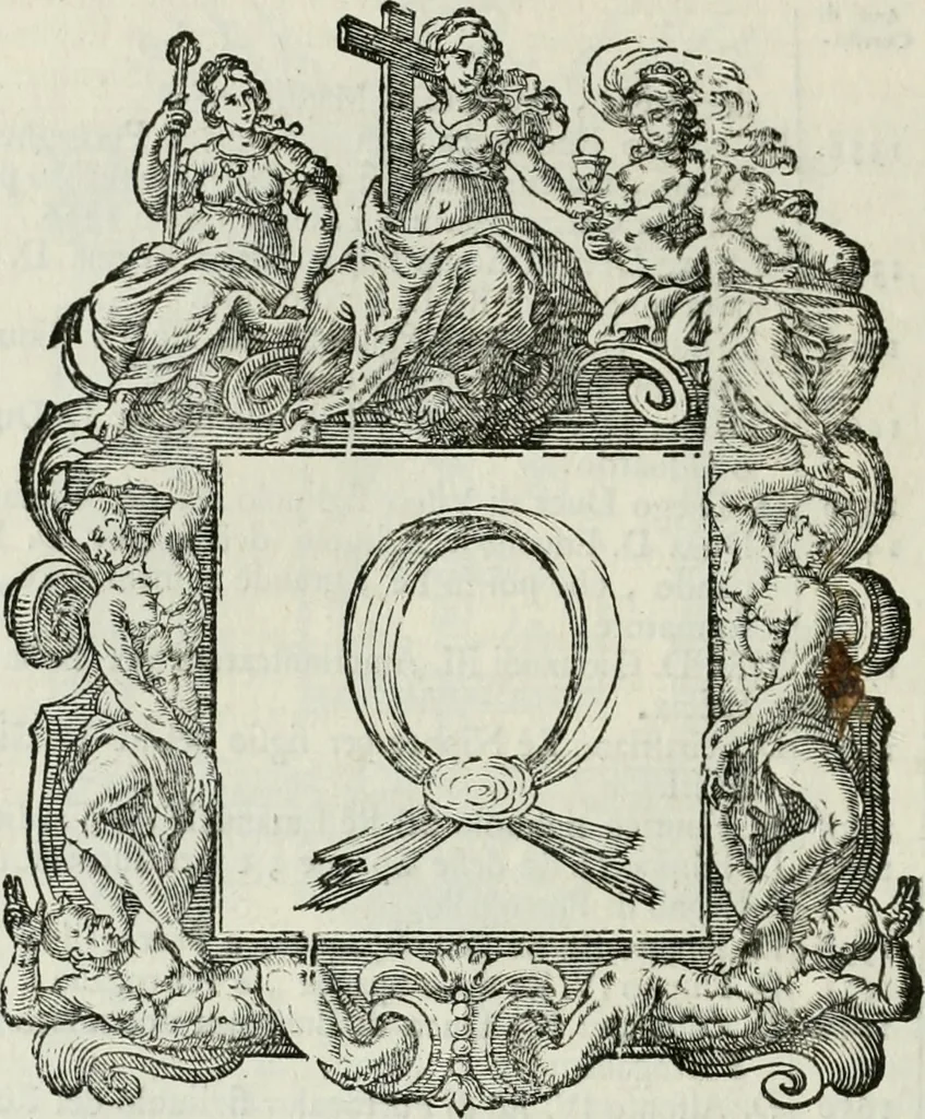 An illustration from Historie cronologiche dell' origine degl' ordini militari e di tutte le religione caualleresche infino ad hora instituite nel mondo : insegne, croci, stendardi, habiti capitolari ò di ceremonia, statuti, e constituzioni di cadaun'ordine : guerre campali e nauali, azioni, fatti celebri, & imprese de caualieri; confederazioni, trattati, paci, & auuenimenti per difesa del Nome Christiano, e propagazione della fede cattolica : serie di tutti i prencipi gran maestri, ordini di dame, e degl' infedeli &c. con le loro diuise, 1692, leaf 207