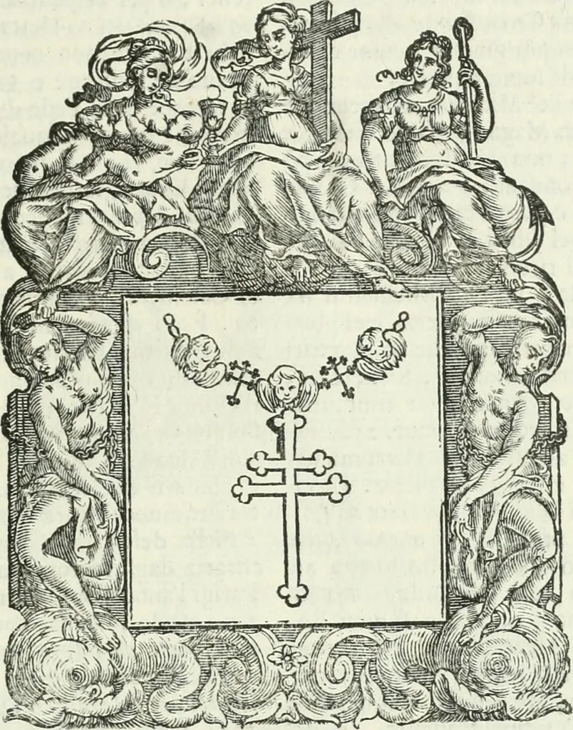 An illustration from Historie cronologiche dell' origine degl' ordini militari e di tutte le religione caualleresche infino ad hora instituite nel mondo : insegne, croci, stendardi, habiti capitolari ò di ceremonia, statuti, e constituzioni di cadaun'ordine : guerre campali e nauali, azioni, fatti celebri, & imprese de caualieri; confederazioni, trattati, paci, & auuenimenti per difesa del Nome Christiano, e propagazione della fede cattolica : serie di tutti i prencipi gran maestri, ordini di dame, e degl' infedeli &c. con le loro diuise, 1692, leaf 212