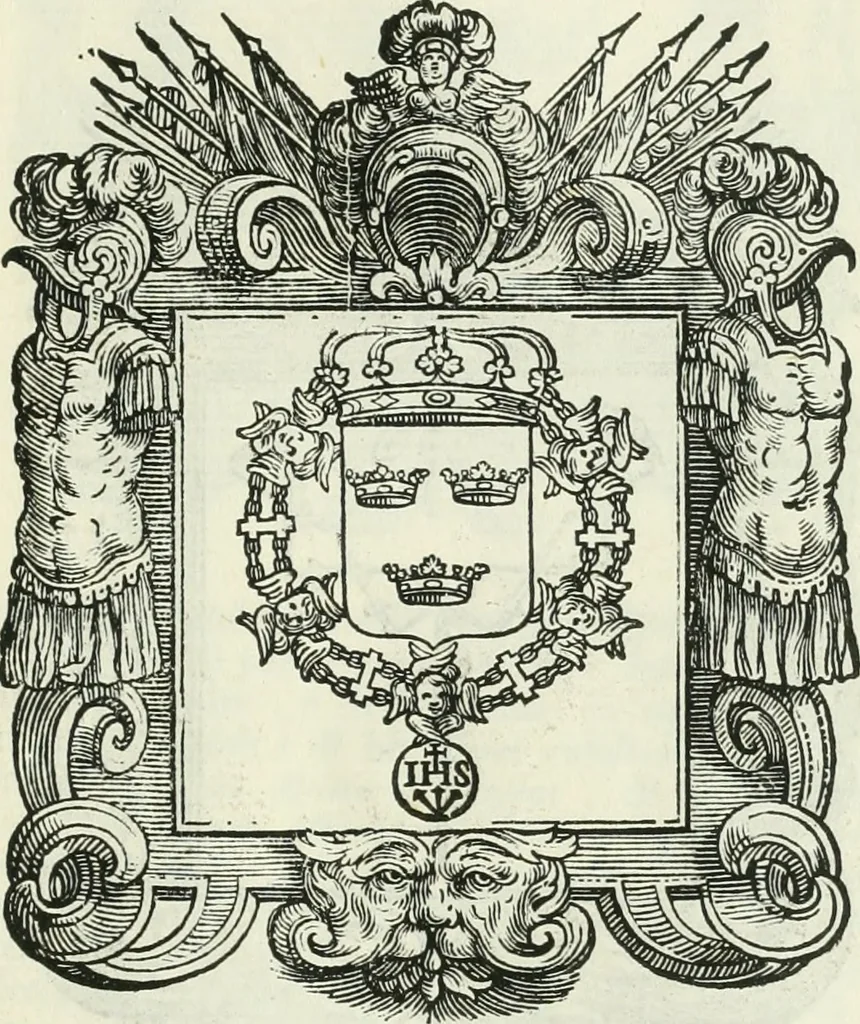 An illustration from Historie cronologiche dell' origine degl' ordini militari e di tutte le religione caualleresche infino ad hora instituite nel mondo : insegne, croci, stendardi, habiti capitolari ò di ceremonia, statuti, e constituzioni di cadaun'ordine : guerre campali e nauali, azioni, fatti celebri, & imprese de caualieri; confederazioni, trattati, paci, & auuenimenti per difesa del Nome Christiano, e propagazione della fede cattolica : serie di tutti i prencipi gran maestri, ordini di dame, e degl' infedeli &c. con le loro diuise, 1692, leaf 214