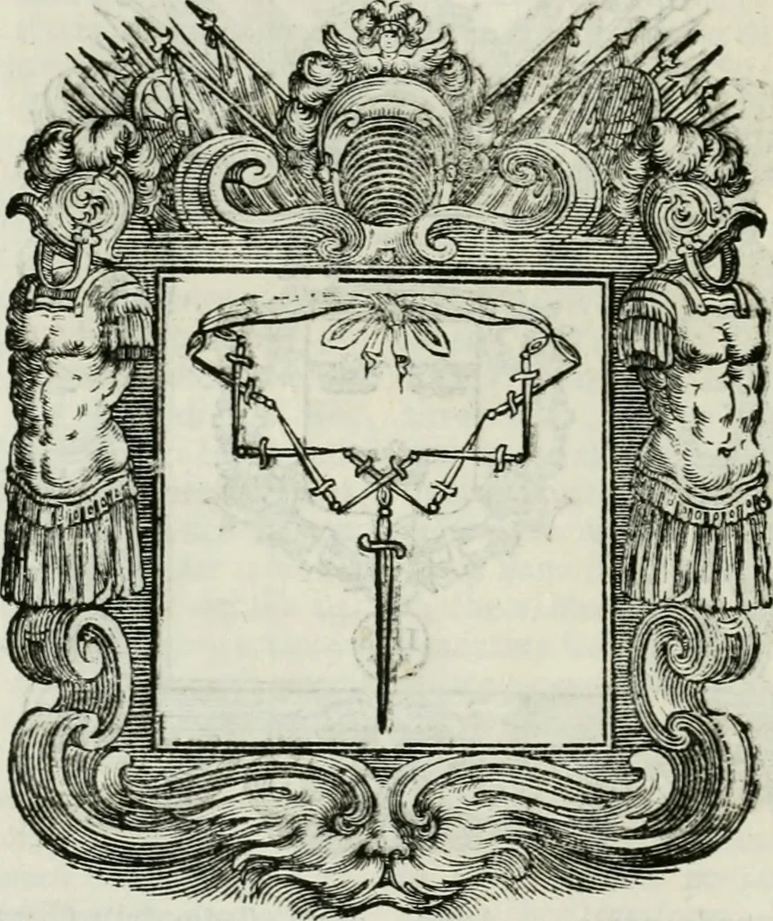 An illustration from Historie cronologiche dell' origine degl' ordini militari e di tutte le religione caualleresche infino ad hora instituite nel mondo : insegne, croci, stendardi, habiti capitolari ò di ceremonia, statuti, e constituzioni di cadaun'ordine : guerre campali e nauali, azioni, fatti celebri, & imprese de caualieri; confederazioni, trattati, paci, & auuenimenti per difesa del Nome Christiano, e propagazione della fede cattolica : serie di tutti i prencipi gran maestri, ordini di dame, e degl' infedeli &c. con le loro diuise, 1692, leaf 215