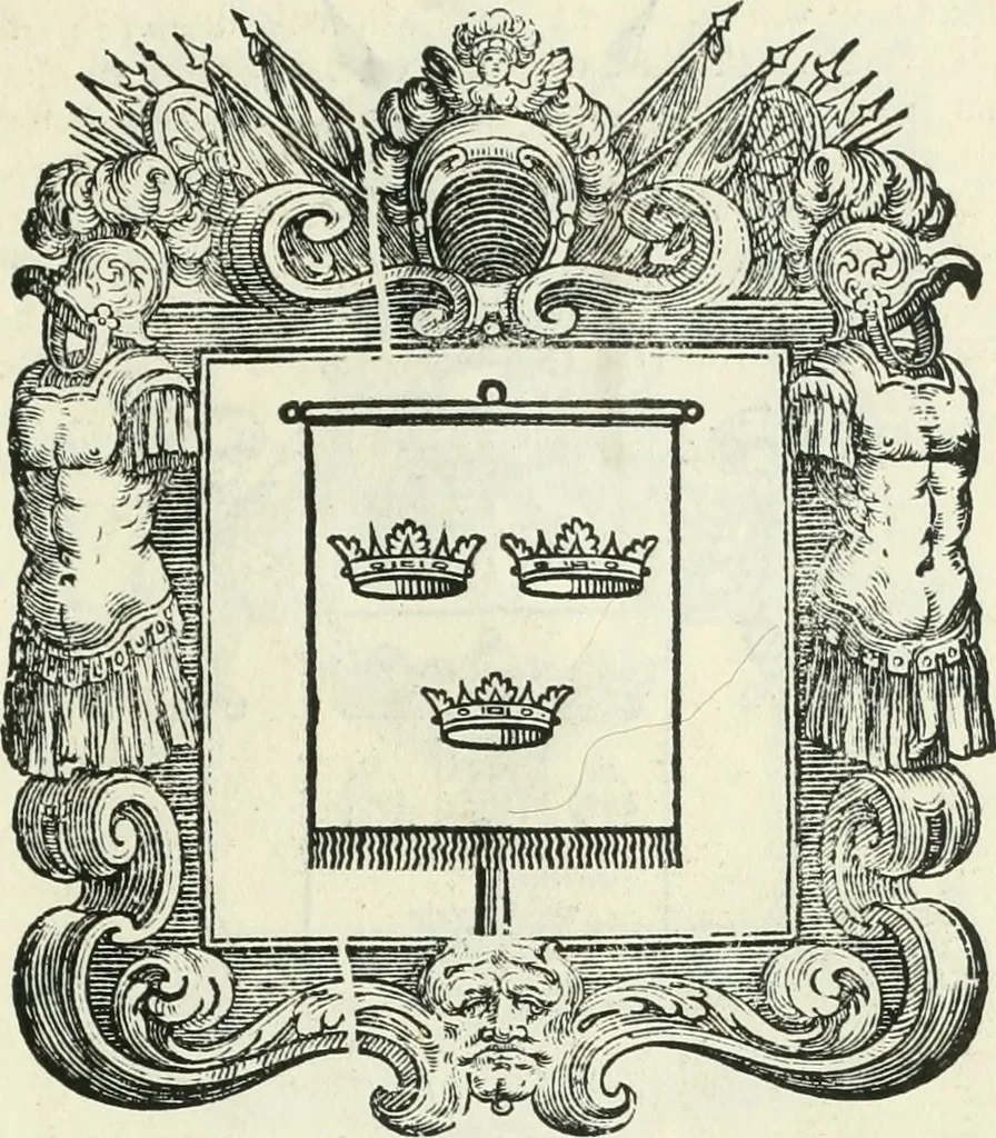 An illustration from Historie cronologiche dell' origine degl' ordini militari e di tutte le religione caualleresche infino ad hora instituite nel mondo : insegne, croci, stendardi, habiti capitolari ò di ceremonia, statuti, e constituzioni di cadaun'ordine : guerre campali e nauali, azioni, fatti celebri, & imprese de caualieri; confederazioni, trattati, paci, & auuenimenti per difesa del Nome Christiano, e propagazione della fede cattolica : serie di tutti i prencipi gran maestri, ordini di dame, e degl' infedeli &c. con le loro diuise, 1692, leaf 216