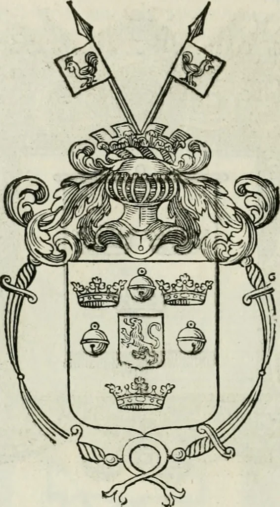 An illustration from Historie cronologiche dell' origine degl' ordini militari e di tutte le religione caualleresche infino ad hora instituite nel mondo : insegne, croci, stendardi, habiti capitolari ò di ceremonia, statuti, e constituzioni di cadaun'ordine : guerre campali e nauali, azioni, fatti celebri, & imprese de caualieri; confederazioni, trattati, paci, & auuenimenti per difesa del Nome Christiano, e propagazione della fede cattolica : serie di tutti i prencipi gran maestri, ordini di dame, e degl' infedeli &c. con le loro diuise, 1692, leaf 217