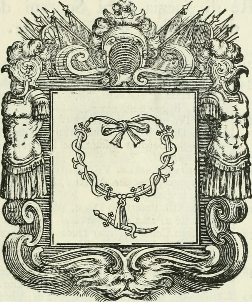 An illustration from Historie cronologiche dell' origine degl' ordini militari e di tutte le religione caualleresche infino ad hora instituite nel mondo : insegne, croci, stendardi, habiti capitolari ò di ceremonia, statuti, e constituzioni di cadaun'ordine : guerre campali e nauali, azioni, fatti celebri, & imprese de caualieri; confederazioni, trattati, paci, & auuenimenti per difesa del Nome Christiano, e propagazione della fede cattolica : serie di tutti i prencipi gran maestri, ordini di dame, e degl' infedeli &c. con le loro diuise, 1692, leaf 218