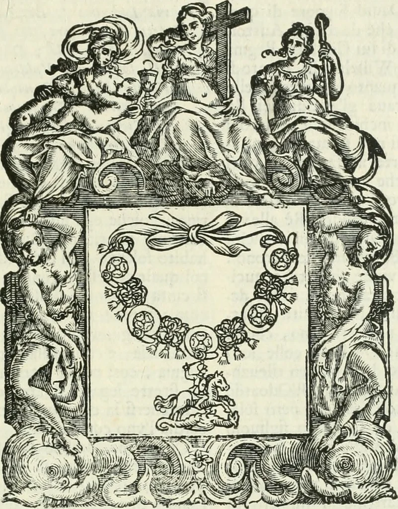 An illustration from Historie cronologiche dell' origine degl' ordini militari e di tutte le religione caualleresche infino ad hora instituite nel mondo : insegne, croci, stendardi, habiti capitolari ò di ceremonia, statuti, e constituzioni di cadaun'ordine : guerre campali e nauali, azioni, fatti celebri, & imprese de caualieri; confederazioni, trattati, paci, & auuenimenti per difesa del Nome Christiano, e propagazione della fede cattolica : serie di tutti i prencipi gran maestri, ordini di dame, e degl' infedeli &c. con le loro diuise, 1692, leaf 220