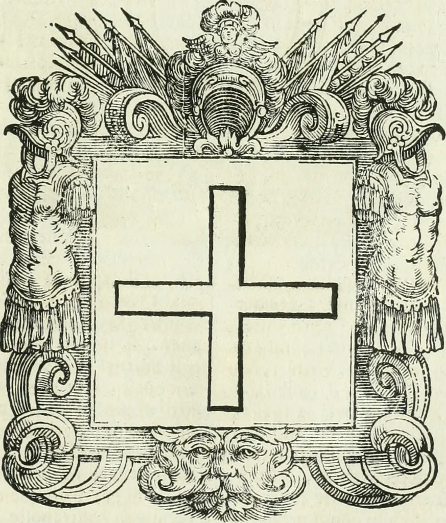 An illustration from Historie cronologiche dell' origine degl' ordini militari e di tutte le religione caualleresche infino ad hora instituite nel mondo : insegne, croci, stendardi, habiti capitolari ò di ceremonia, statuti, e constituzioni di cadaun'ordine : guerre campali e nauali, azioni, fatti celebri, & imprese de caualieri; confederazioni, trattati, paci, & auuenimenti per difesa del Nome Christiano, e propagazione della fede cattolica : serie di tutti i prencipi gran maestri, ordini di dame, e degl' infedeli &c. con le loro diuise, 1692, leaf 224