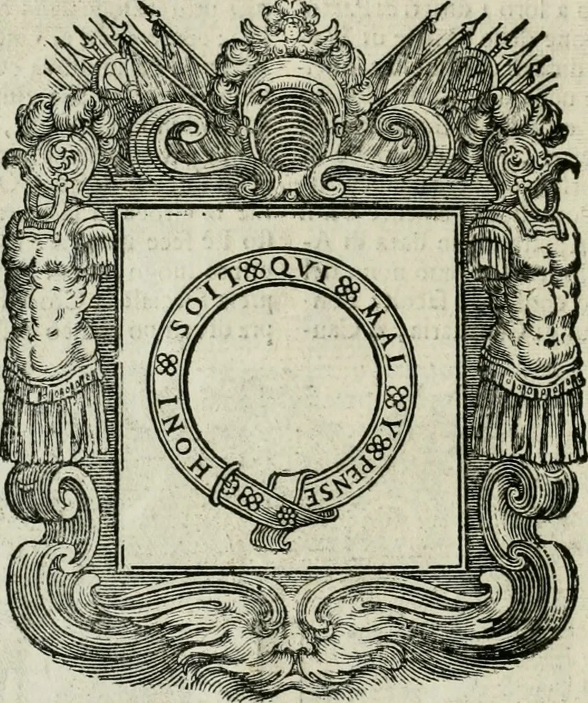 An illustration from Historie cronologiche dell' origine degl' ordini militari e di tutte le religione caualleresche infino ad hora instituite nel mondo : insegne, croci, stendardi, habiti capitolari ò di ceremonia, statuti, e constituzioni di cadaun'ordine : guerre campali e nauali, azioni, fatti celebri, & imprese de caualieri; confederazioni, trattati, paci, & auuenimenti per difesa del Nome Christiano, e propagazione della fede cattolica : serie di tutti i prencipi gran maestri, ordini di dame, e degl' infedeli &c. con le loro diuise, 1692, leaf 225