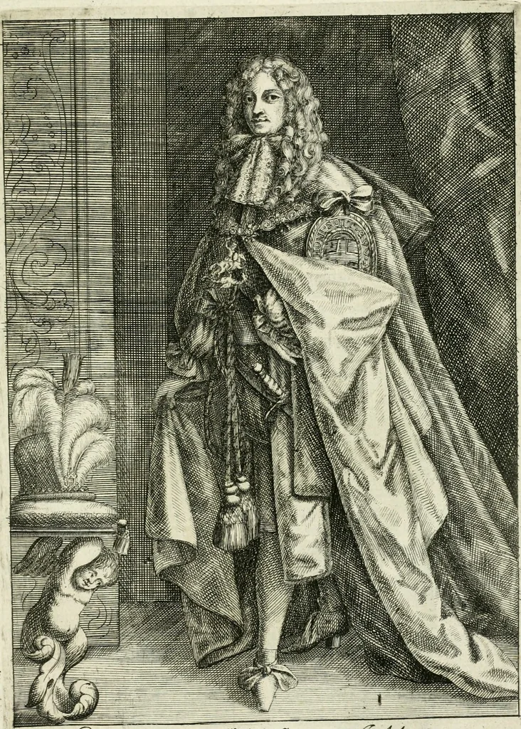 An illustration from Historie cronologiche dell' origine degl' ordini militari e di tutte le religione caualleresche infino ad hora instituite nel mondo : insegne, croci, stendardi, habiti capitolari ò di ceremonia, statuti, e constituzioni di cadaun'ordine : guerre campali e nauali, azioni, fatti celebri, & imprese de caualieri; confederazioni, trattati, paci, & auuenimenti per difesa del Nome Christiano, e propagazione della fede cattolica : serie di tutti i prencipi gran maestri, ordini di dame, e degl' infedeli &c. con le loro diuise, 1692, leaf 226