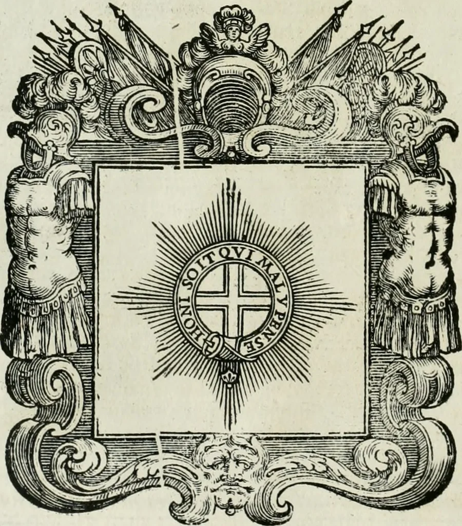 An illustration from Historie cronologiche dell' origine degl' ordini militari e di tutte le religione caualleresche infino ad hora instituite nel mondo : insegne, croci, stendardi, habiti capitolari ò di ceremonia, statuti, e constituzioni di cadaun'ordine : guerre campali e nauali, azioni, fatti celebri, & imprese de caualieri; confederazioni, trattati, paci, & auuenimenti per difesa del Nome Christiano, e propagazione della fede cattolica : serie di tutti i prencipi gran maestri, ordini di dame, e degl' infedeli &c. con le loro diuise, 1692, leaf 227