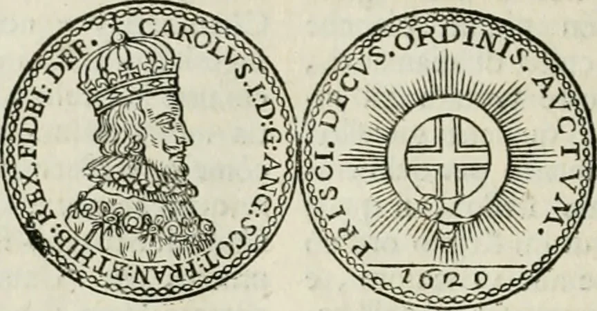 An illustration from Historie cronologiche dell' origine degl' ordini militari e di tutte le religione caualleresche infino ad hora instituite nel mondo : insegne, croci, stendardi, habiti capitolari ò di ceremonia, statuti, e constituzioni di cadaun'ordine : guerre campali e nauali, azioni, fatti celebri, & imprese de caualieri; confederazioni, trattati, paci, & auuenimenti per difesa del Nome Christiano, e propagazione della fede cattolica : serie di tutti i prencipi gran maestri, ordini di dame, e degl' infedeli &c. con le loro diuise, 1692, leaf 235