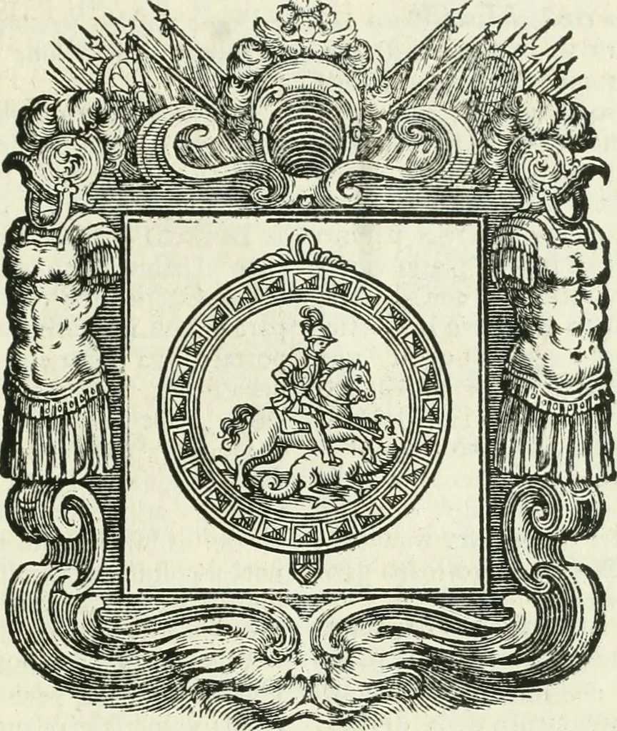 An illustration from Historie cronologiche dell' origine degl' ordini militari e di tutte le religione caualleresche infino ad hora instituite nel mondo : insegne, croci, stendardi, habiti capitolari ò di ceremonia, statuti, e constituzioni di cadaun'ordine : guerre campali e nauali, azioni, fatti celebri, & imprese de caualieri; confederazioni, trattati, paci, & auuenimenti per difesa del Nome Christiano, e propagazione della fede cattolica : serie di tutti i prencipi gran maestri, ordini di dame, e degl' infedeli &c. con le loro diuise, 1692, leaf 236