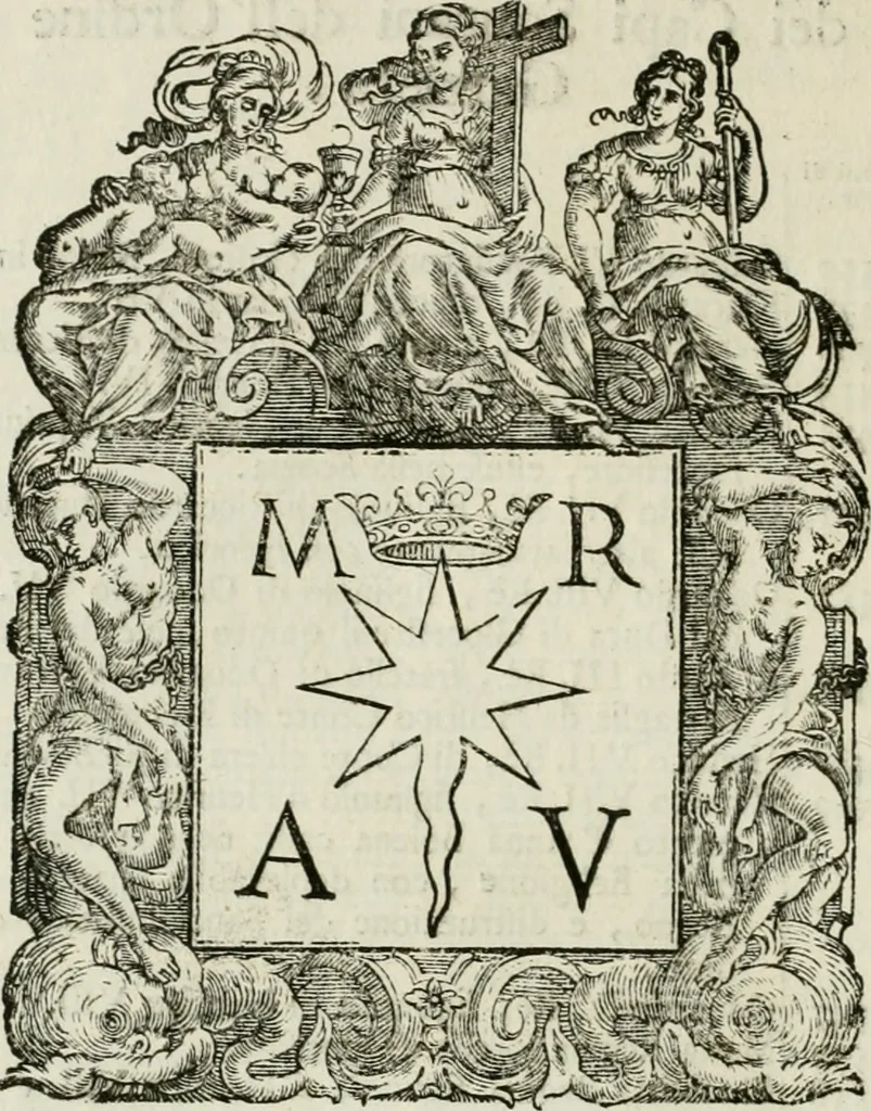 An illustration from Historie cronologiche dell' origine degl' ordini militari e di tutte le religione caualleresche infino ad hora instituite nel mondo : insegne, croci, stendardi, habiti capitolari ò di ceremonia, statuti, e constituzioni di cadaun'ordine : guerre campali e nauali, azioni, fatti celebri, & imprese de caualieri; confederazioni, trattati, paci, & auuenimenti per difesa del Nome Christiano, e propagazione della fede cattolica : serie di tutti i prencipi gran maestri, ordini di dame, e degl' infedeli &c. con le loro diuise, 1692, leaf 239