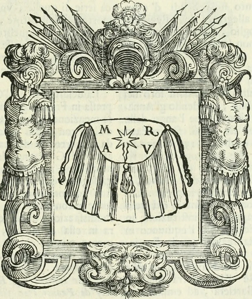 An illustration from Historie cronologiche dell' origine degl' ordini militari e di tutte le religione caualleresche infino ad hora instituite nel mondo : insegne, croci, stendardi, habiti capitolari ò di ceremonia, statuti, e constituzioni di cadaun'ordine : guerre campali e nauali, azioni, fatti celebri, & imprese de caualieri; confederazioni, trattati, paci, & auuenimenti per difesa del Nome Christiano, e propagazione della fede cattolica : serie di tutti i prencipi gran maestri, ordini di dame, e degl' infedeli &c. con le loro diuise, 1692, leaf 240