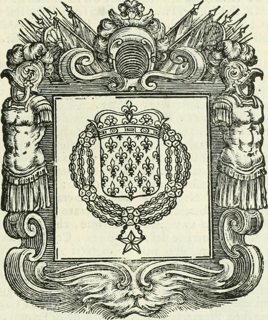 An illustration from Historie cronologiche dell' origine degl' ordini militari e di tutte le religione caualleresche infino ad hora instituite nel mondo : insegne, croci, stendardi, habiti capitolari ò di ceremonia, statuti, e constituzioni di cadaun'ordine : guerre campali e nauali, azioni, fatti celebri, & imprese de caualieri; confederazioni, trattati, paci, & auuenimenti per difesa del Nome Christiano, e propagazione della fede cattolica : serie di tutti i prencipi gran maestri, ordini di dame, e degl' infedeli &c. con le loro diuise, 1692, leaf 242