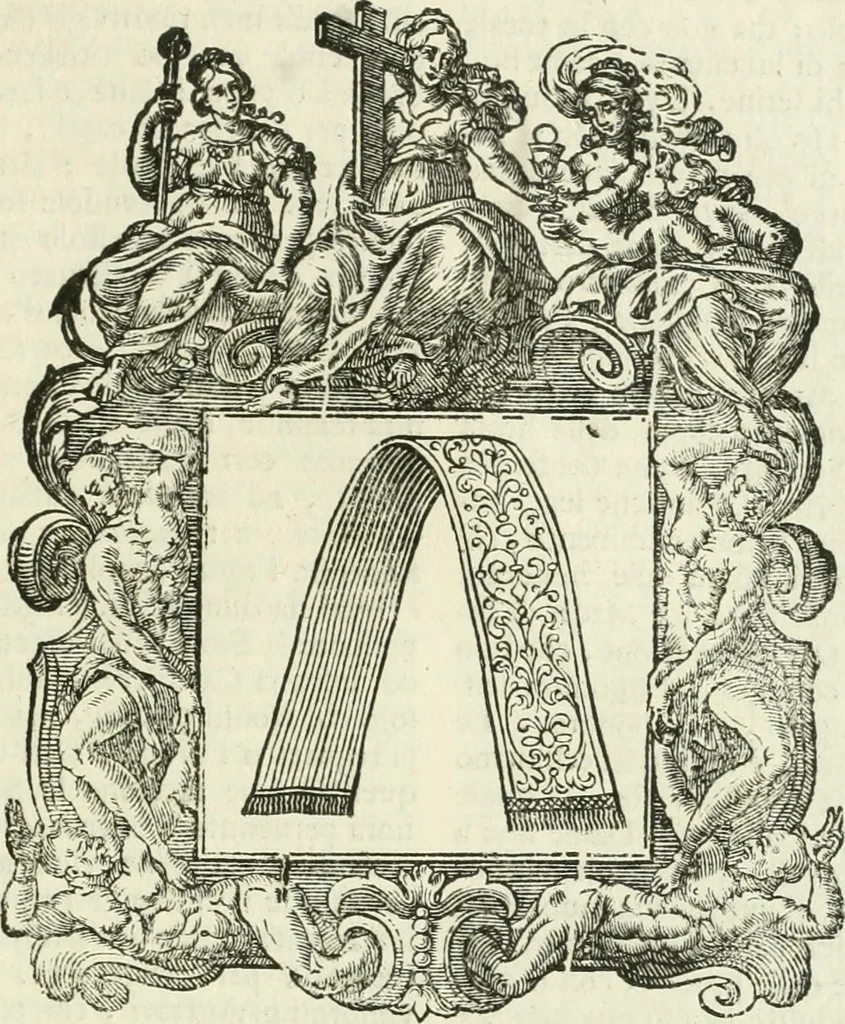 An illustration from Historie cronologiche dell' origine degl' ordini militari e di tutte le religione caualleresche infino ad hora instituite nel mondo : insegne, croci, stendardi, habiti capitolari ò di ceremonia, statuti, e constituzioni di cadaun'ordine : guerre campali e nauali, azioni, fatti celebri, & imprese de caualieri; confederazioni, trattati, paci, & auuenimenti per difesa del Nome Christiano, e propagazione della fede cattolica : serie di tutti i prencipi gran maestri, ordini di dame, e degl' infedeli &c. con le loro diuise, 1692, leaf 244