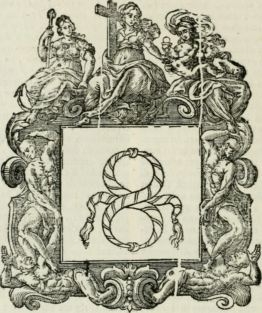 An illustration from Historie cronologiche dell' origine degl' ordini militari e di tutte le religione caualleresche infino ad hora instituite nel mondo : insegne, croci, stendardi, habiti capitolari ò di ceremonia, statuti, e constituzioni di cadaun'ordine : guerre campali e nauali, azioni, fatti celebri, & imprese de caualieri; confederazioni, trattati, paci, & auuenimenti per difesa del Nome Christiano, e propagazione della fede cattolica : serie di tutti i prencipi gran maestri, ordini di dame, e degl' infedeli &c. con le loro diuise, 1692, leaf 247