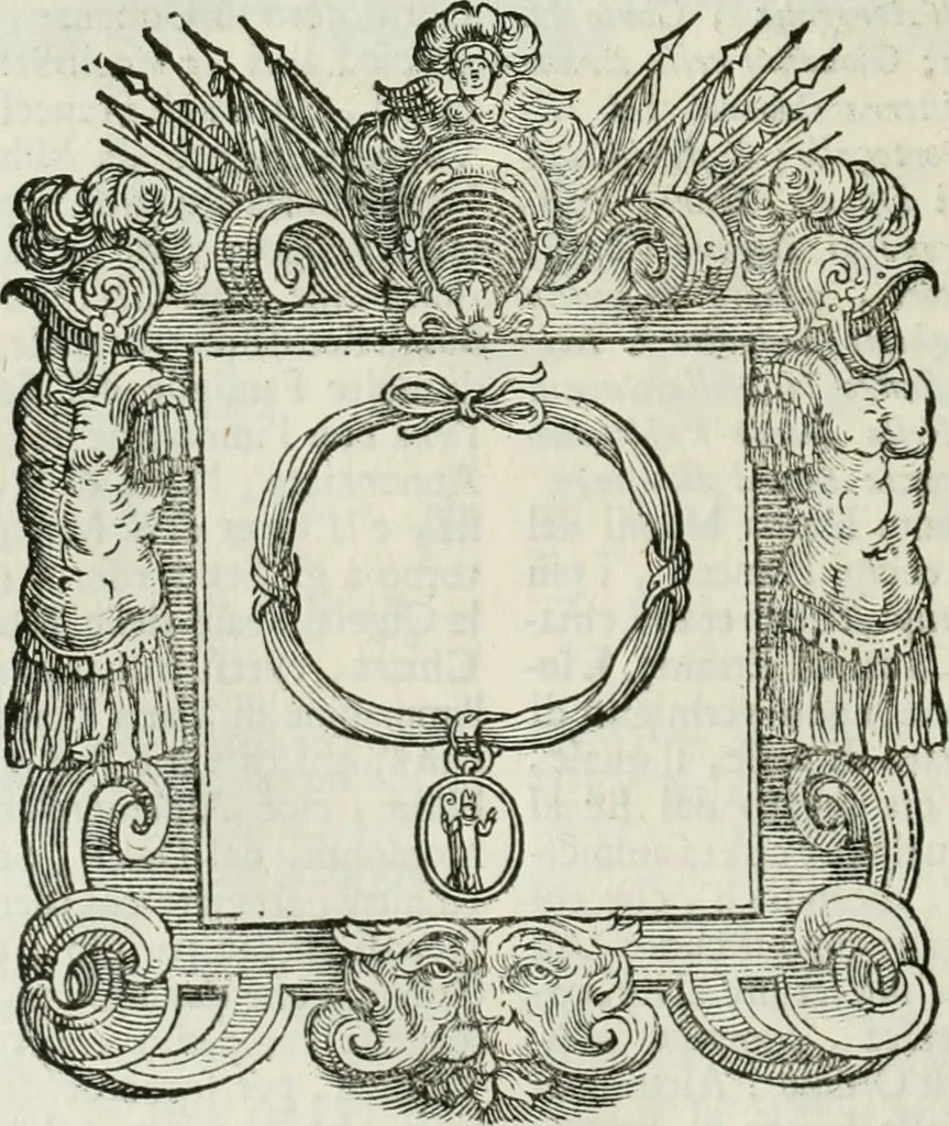 An illustration from Historie cronologiche dell' origine degl' ordini militari e di tutte le religione caualleresche infino ad hora instituite nel mondo : insegne, croci, stendardi, habiti capitolari ò di ceremonia, statuti, e constituzioni di cadaun'ordine : guerre campali e nauali, azioni, fatti celebri, & imprese de caualieri; confederazioni, trattati, paci, & auuenimenti per difesa del Nome Christiano, e propagazione della fede cattolica : serie di tutti i prencipi gran maestri, ordini di dame, e degl' infedeli &c. con le loro diuise, 1692, leaf 249