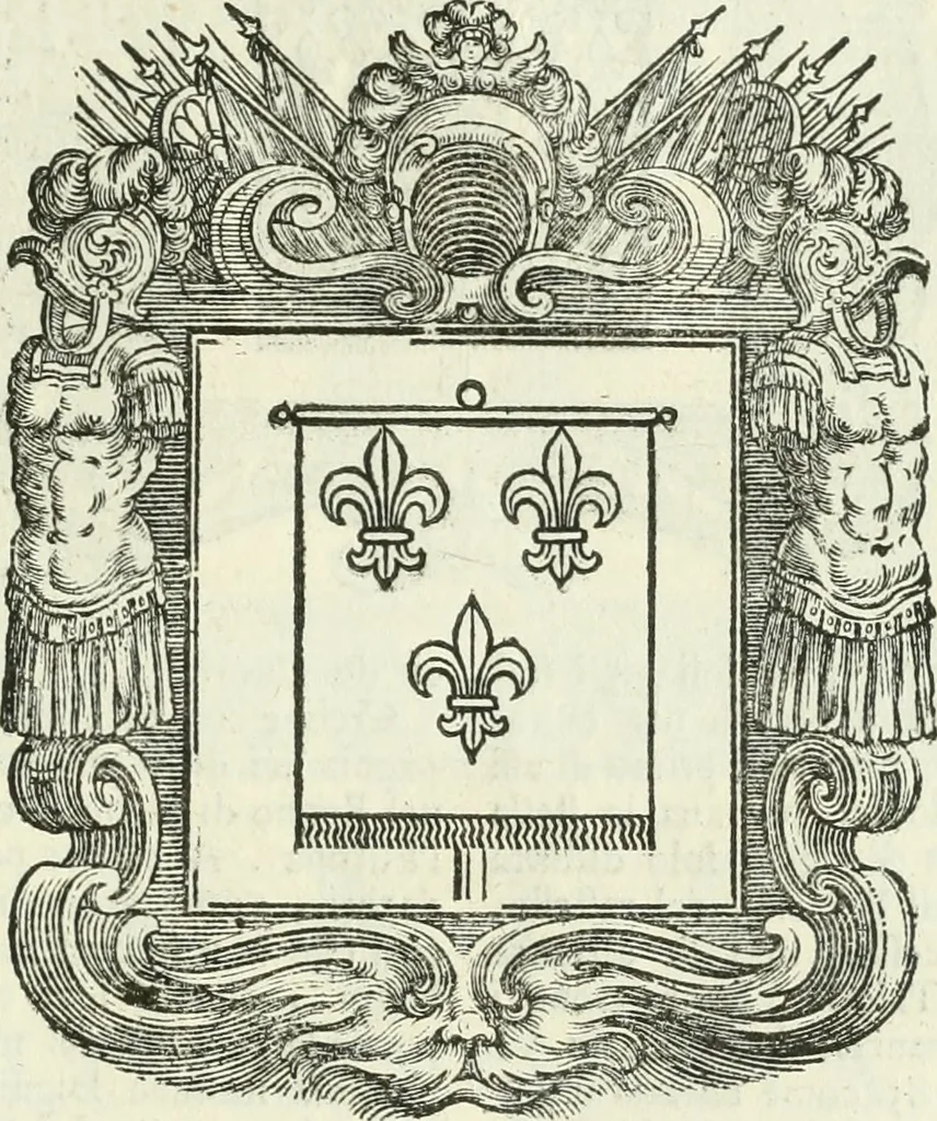 An illustration from Historie cronologiche dell' origine degl' ordini militari e di tutte le religione caualleresche infino ad hora instituite nel mondo : insegne, croci, stendardi, habiti capitolari ò di ceremonia, statuti, e constituzioni di cadaun'ordine : guerre campali e nauali, azioni, fatti celebri, & imprese de caualieri; confederazioni, trattati, paci, & auuenimenti per difesa del Nome Christiano, e propagazione della fede cattolica : serie di tutti i prencipi gran maestri, ordini di dame, e degl' infedeli &c. con le loro diuise, 1692, leaf 250