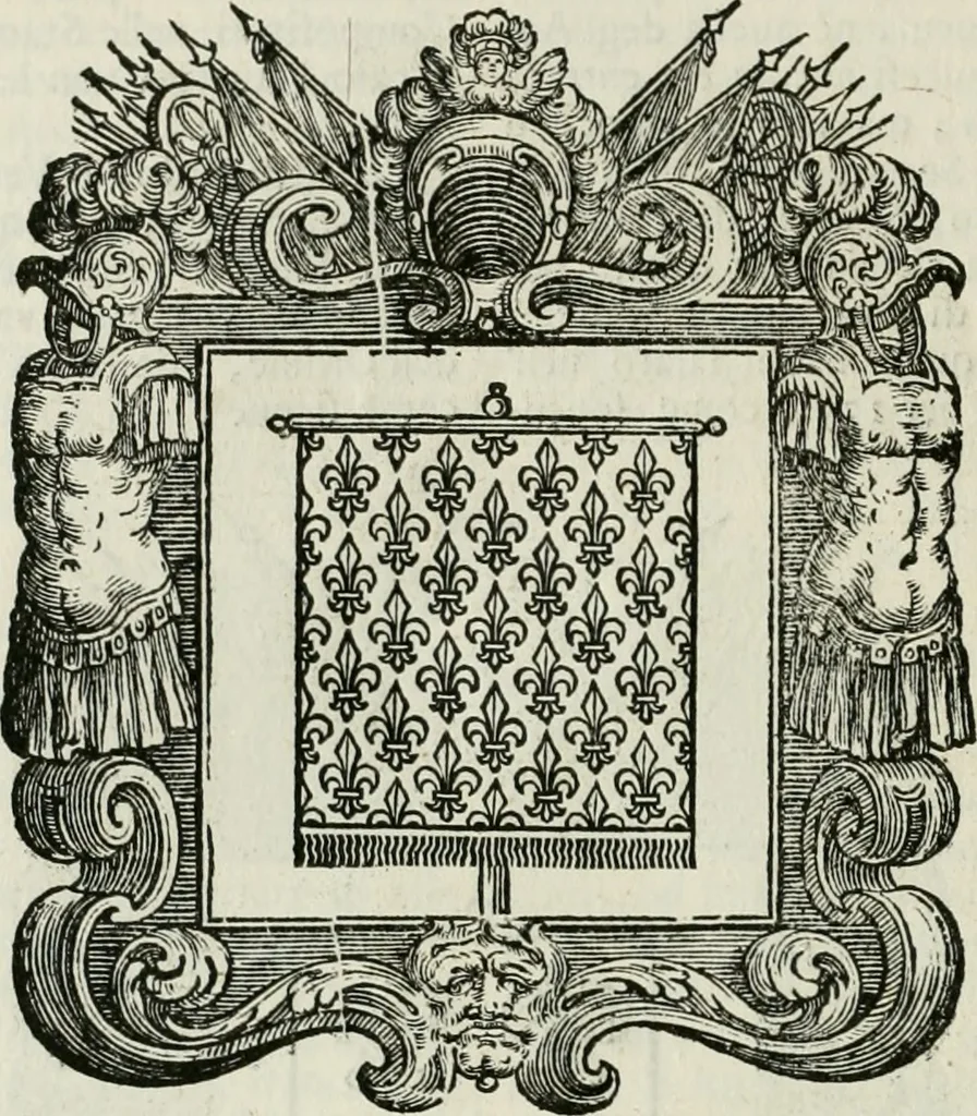 An illustration from Historie cronologiche dell' origine degl' ordini militari e di tutte le religione caualleresche infino ad hora instituite nel mondo : insegne, croci, stendardi, habiti capitolari ò di ceremonia, statuti, e constituzioni di cadaun'ordine : guerre campali e nauali, azioni, fatti celebri, & imprese de caualieri; confederazioni, trattati, paci, & auuenimenti per difesa del Nome Christiano, e propagazione della fede cattolica : serie di tutti i prencipi gran maestri, ordini di dame, e degl' infedeli &c. con le loro diuise, 1692, leaf 251