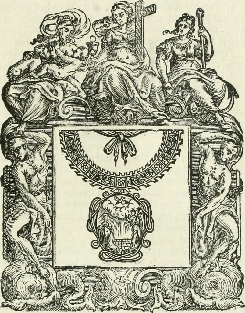 An illustration from Historie cronologiche dell' origine degl' ordini militari e di tutte le religione caualleresche infino ad hora instituite nel mondo : insegne, croci, stendardi, habiti capitolari ò di ceremonia, statuti, e constituzioni di cadaun'ordine : guerre campali e nauali, azioni, fatti celebri, & imprese de caualieri; confederazioni, trattati, paci, & auuenimenti per difesa del Nome Christiano, e propagazione della fede cattolica : serie di tutti i prencipi gran maestri, ordini di dame, e degl' infedeli &c. con le loro diuise, 1692, leaf 252