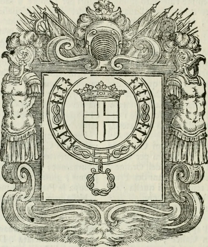 An illustration from Historie cronologiche dell' origine degl' ordini militari e di tutte le religione caualleresche infino ad hora instituite nel mondo : insegne, croci, stendardi, habiti capitolari ò di ceremonia, statuti, e constituzioni di cadaun'ordine : guerre campali e nauali, azioni, fatti celebri, & imprese de caualieri; confederazioni, trattati, paci, & auuenimenti per difesa del Nome Christiano, e propagazione della fede cattolica : serie di tutti i prencipi gran maestri, ordini di dame, e degl' infedeli &c. con le loro diuise, 1692, leaf 255
