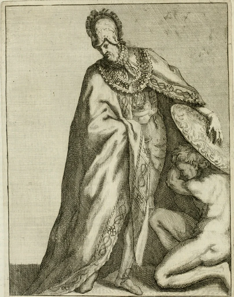 An illustration from Historie cronologiche dell' origine degl' ordini militari e di tutte le religione caualleresche infino ad hora instituite nel mondo : insegne, croci, stendardi, habiti capitolari ò di ceremonia, statuti, e constituzioni di cadaun'ordine : guerre campali e nauali, azioni, fatti celebri, & imprese de caualieri; confederazioni, trattati, paci, & auuenimenti per difesa del Nome Christiano, e propagazione della fede cattolica : serie di tutti i prencipi gran maestri, ordini di dame, e degl' infedeli &c. con le loro diuise, 1692, leaf 257