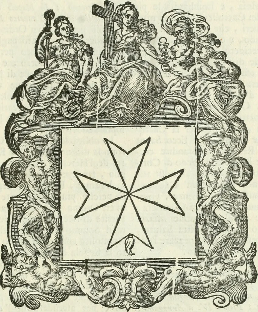 An illustration from Historie cronologiche dell' origine degl' ordini militari e di tutte le religione caualleresche infino ad hora instituite nel mondo : insegne, croci, stendardi, habiti capitolari ò di ceremonia, statuti, e constituzioni di cadaun'ordine : guerre campali e nauali, azioni, fatti celebri, & imprese de caualieri; confederazioni, trattati, paci, & auuenimenti per difesa del Nome Christiano, e propagazione della fede cattolica : serie di tutti i prencipi gran maestri, ordini di dame, e degl' infedeli &c. con le loro diuise, 1692, leaf 260
