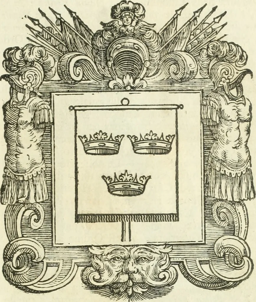 An illustration from Historie cronologiche dell' origine degl' ordini militari e di tutte le religione caualleresche infino ad hora instituite nel mondo : insegne, croci, stendardi, habiti capitolari ò di ceremonia, statuti, e constituzioni di cadaun'ordine : guerre campali e nauali, azioni, fatti celebri, & imprese de caualieri; confederazioni, trattati, paci, & auuenimenti per difesa del Nome Christiano, e propagazione della fede cattolica : serie di tutti i prencipi gran maestri, ordini di dame, e degl' infedeli &c. con le loro diuise, 1692, leaf 262