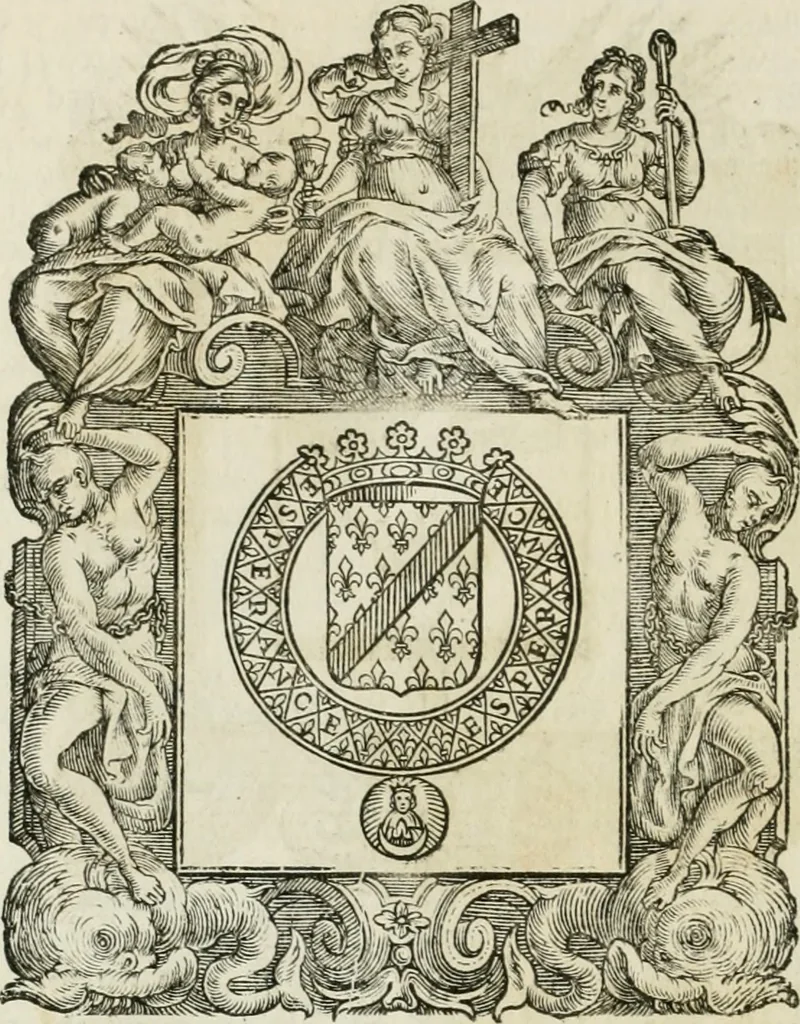 An illustration from Historie cronologiche dell' origine degl' ordini militari e di tutte le religione caualleresche infino ad hora instituite nel mondo : insegne, croci, stendardi, habiti capitolari ò di ceremonia, statuti, e constituzioni di cadaun'ordine : guerre campali e nauali, azioni, fatti celebri, & imprese de caualieri; confederazioni, trattati, paci, & auuenimenti per difesa del Nome Christiano, e propagazione della fede cattolica : serie di tutti i prencipi gran maestri, ordini di dame, e degl' infedeli &c. con le loro diuise, 1692, leaf 263
