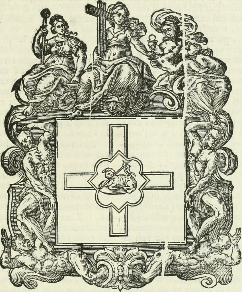 An illustration from Historie cronologiche dell' origine degl' ordini militari e di tutte le religione caualleresche infino ad hora instituite nel mondo : insegne, croci, stendardi, habiti capitolari ò di ceremonia, statuti, e constituzioni di cadaun'ordine : guerre campali e nauali, azioni, fatti celebri, & imprese de caualieri; confederazioni, trattati, paci, & auuenimenti per difesa del Nome Christiano, e propagazione della fede cattolica : serie di tutti i prencipi gran maestri, ordini di dame, e degl' infedeli &c. con le loro diuise, 1692, leaf 270