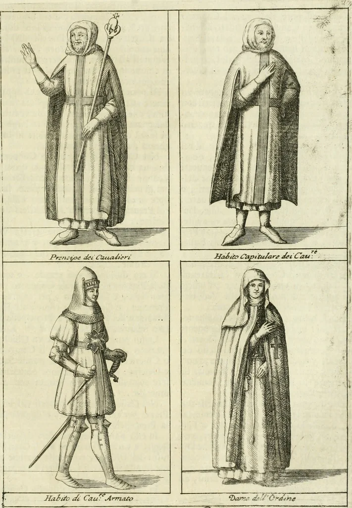 An illustration from Historie cronologiche dell' origine degl' ordini militari e di tutte le religione caualleresche infino ad hora instituite nel mondo : insegne, croci, stendardi, habiti capitolari ò di ceremonia, statuti, e constituzioni di cadaun'ordine : guerre campali e nauali, azioni, fatti celebri, & imprese de caualieri; confederazioni, trattati, paci, & auuenimenti per difesa del Nome Christiano, e propagazione della fede cattolica : serie di tutti i prencipi gran maestri, ordini di dame, e degl' infedeli &c. con le loro diuise, 1692, leaf 274