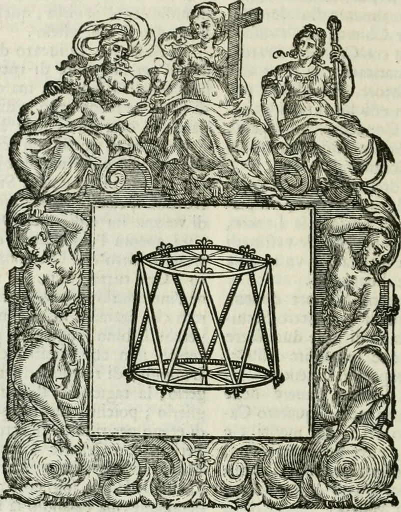 An illustration from Historie cronologiche dell' origine degl' ordini militari e di tutte le religione caualleresche infino ad hora instituite nel mondo : insegne, croci, stendardi, habiti capitolari ò di ceremonia, statuti, e constituzioni di cadaun'ordine : guerre campali e nauali, azioni, fatti celebri, & imprese de caualieri; confederazioni, trattati, paci, & auuenimenti per difesa del Nome Christiano, e propagazione della fede cattolica : serie di tutti i prencipi gran maestri, ordini di dame, e degl' infedeli &c. con le loro diuise, 1692, leaf 277