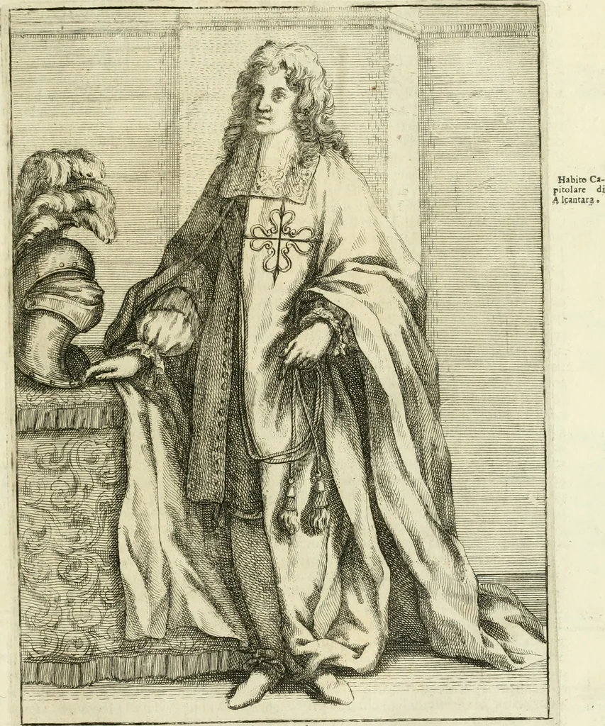An illustration from Historie cronologiche dell' origine degl' ordini militari e di tutte le religione caualleresche infino ad hora instituite nel mondo : insegne, croci, stendardi, habiti capitolari ò di ceremonia, statuti, e constituzioni di cadaun'ordine : guerre campali e nauali, azioni, fatti celebri, & imprese de caualieri; confederazioni, trattati, paci, & auuenimenti per difesa del Nome Christiano, e propagazione della fede cattolica : serie di tutti i prencipi gran maestri, ordini di dame, e degl' infedeli &c. con le loro diuise, 1692, leaf 28
