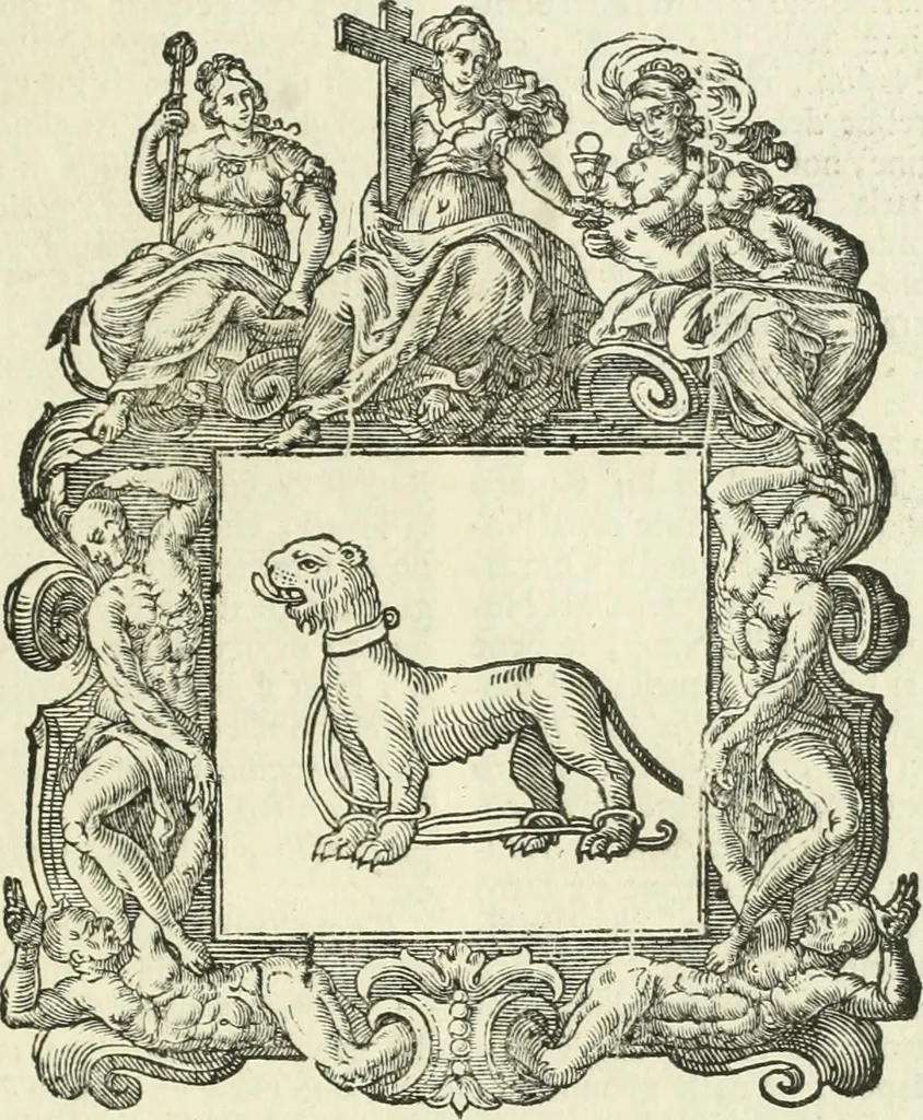 An illustration from Historie cronologiche dell' origine degl' ordini militari e di tutte le religione caualleresche infino ad hora instituite nel mondo : insegne, croci, stendardi, habiti capitolari ò di ceremonia, statuti, e constituzioni di cadaun'ordine : guerre campali e nauali, azioni, fatti celebri, & imprese de caualieri; confederazioni, trattati, paci, & auuenimenti per difesa del Nome Christiano, e propagazione della fede cattolica : serie di tutti i prencipi gran maestri, ordini di dame, e degl' infedeli &c. con le loro diuise, 1692, leaf 280