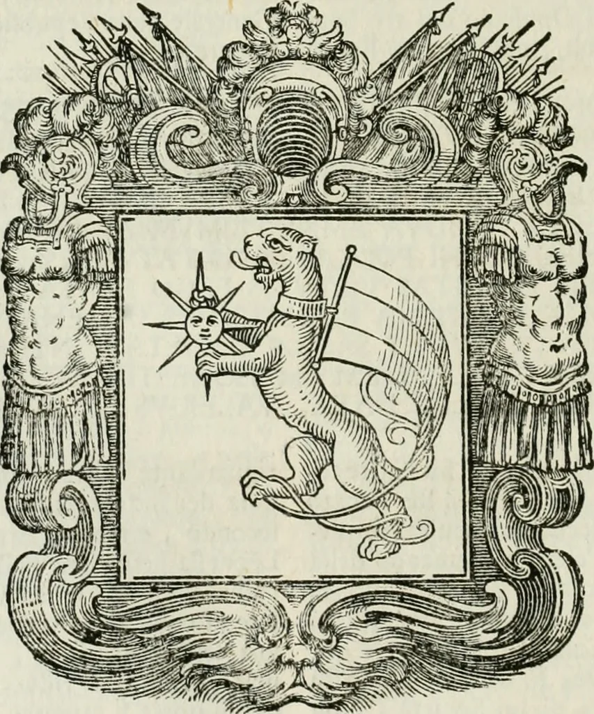 An illustration from Historie cronologiche dell' origine degl' ordini militari e di tutte le religione caualleresche infino ad hora instituite nel mondo : insegne, croci, stendardi, habiti capitolari ò di ceremonia, statuti, e constituzioni di cadaun'ordine : guerre campali e nauali, azioni, fatti celebri, & imprese de caualieri; confederazioni, trattati, paci, & auuenimenti per difesa del Nome Christiano, e propagazione della fede cattolica : serie di tutti i prencipi gran maestri, ordini di dame, e degl' infedeli &c. con le loro diuise, 1692, leaf 283