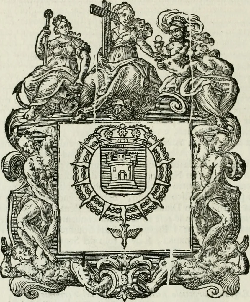 An illustration from Historie cronologiche dell' origine degl' ordini militari e di tutte le religione caualleresche infino ad hora instituite nel mondo : insegne, croci, stendardi, habiti capitolari ò di ceremonia, statuti, e constituzioni di cadaun'ordine : guerre campali e nauali, azioni, fatti celebri, & imprese de caualieri; confederazioni, trattati, paci, & auuenimenti per difesa del Nome Christiano, e propagazione della fede cattolica : serie di tutti i prencipi gran maestri, ordini di dame, e degl' infedeli &c. con le loro diuise, 1692, leaf 285
