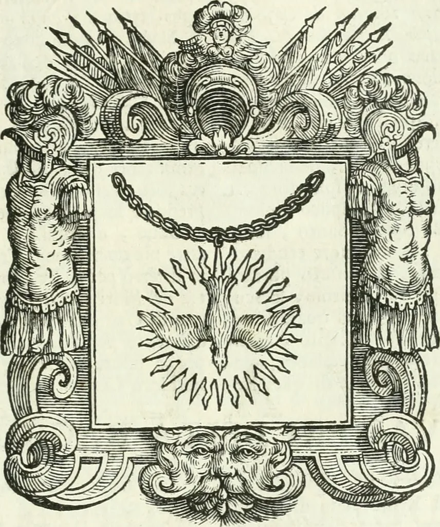 An illustration from Historie cronologiche dell' origine degl' ordini militari e di tutte le religione caualleresche infino ad hora instituite nel mondo : insegne, croci, stendardi, habiti capitolari ò di ceremonia, statuti, e constituzioni di cadaun'ordine : guerre campali e nauali, azioni, fatti celebri, & imprese de caualieri; confederazioni, trattati, paci, & auuenimenti per difesa del Nome Christiano, e propagazione della fede cattolica : serie di tutti i prencipi gran maestri, ordini di dame, e degl' infedeli &c. con le loro diuise, 1692, leaf 286