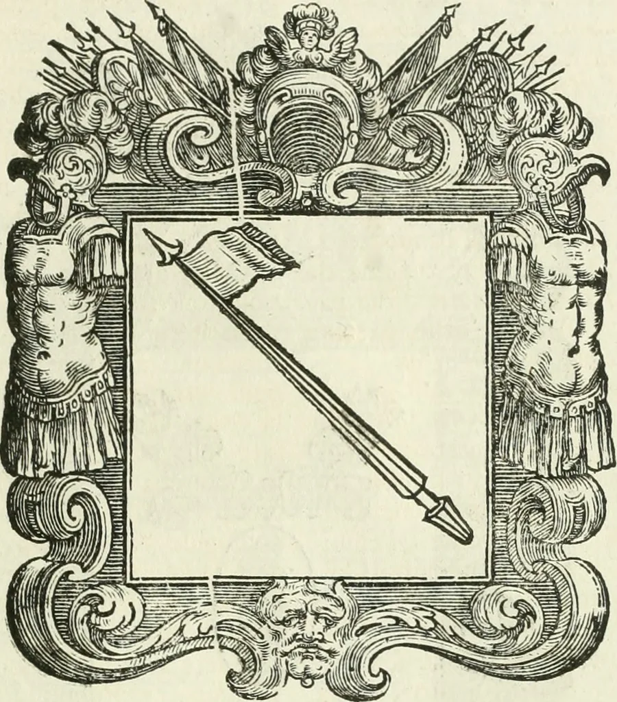 An illustration from Historie cronologiche dell' origine degl' ordini militari e di tutte le religione caualleresche infino ad hora instituite nel mondo : insegne, croci, stendardi, habiti capitolari ò di ceremonia, statuti, e constituzioni di cadaun'ordine : guerre campali e nauali, azioni, fatti celebri, & imprese de caualieri; confederazioni, trattati, paci, & auuenimenti per difesa del Nome Christiano, e propagazione della fede cattolica : serie di tutti i prencipi gran maestri, ordini di dame, e degl' infedeli &c. con le loro diuise, 1692, leaf 288