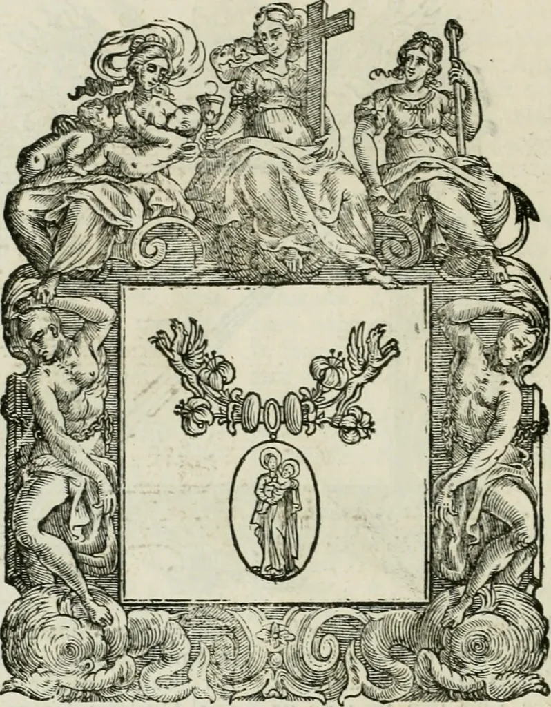 An illustration from Historie cronologiche dell' origine degl' ordini militari e di tutte le religione caualleresche infino ad hora instituite nel mondo : insegne, croci, stendardi, habiti capitolari ò di ceremonia, statuti, e constituzioni di cadaun'ordine : guerre campali e nauali, azioni, fatti celebri, & imprese de caualieri; confederazioni, trattati, paci, & auuenimenti per difesa del Nome Christiano, e propagazione della fede cattolica : serie di tutti i prencipi gran maestri, ordini di dame, e degl' infedeli &c. con le loro diuise, 1692, leaf 289