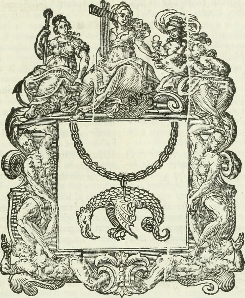 An illustration from Historie cronologiche dell' origine degl' ordini militari e di tutte le religione caualleresche infino ad hora instituite nel mondo : insegne, croci, stendardi, habiti capitolari ò di ceremonia, statuti, e constituzioni di cadaun'ordine : guerre campali e nauali, azioni, fatti celebri, & imprese de caualieri; confederazioni, trattati, paci, & auuenimenti per difesa del Nome Christiano, e propagazione della fede cattolica : serie di tutti i prencipi gran maestri, ordini di dame, e degl' infedeli &c. con le loro diuise, 1692, leaf 292