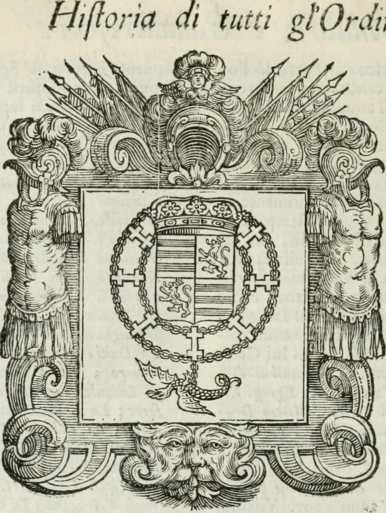 An illustration from Historie cronologiche dell' origine degl' ordini militari e di tutte le religione caualleresche infino ad hora instituite nel mondo : insegne, croci, stendardi, habiti capitolari ò di ceremonia, statuti, e constituzioni di cadaun'ordine : guerre campali e nauali, azioni, fatti celebri, & imprese de caualieri; confederazioni, trattati, paci, & auuenimenti per difesa del Nome Christiano, e propagazione della fede cattolica : serie di tutti i prencipi gran maestri, ordini di dame, e degl' infedeli &c. con le loro diuise, 1692, leaf 295
