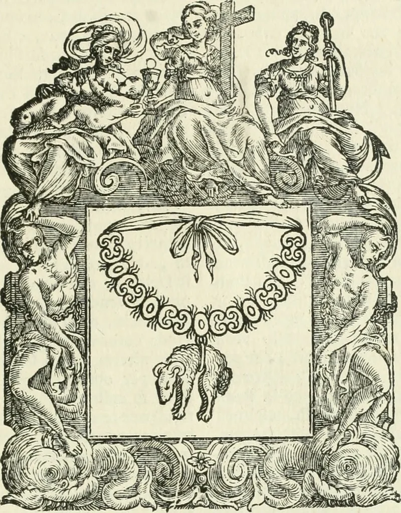 An illustration from Historie cronologiche dell' origine degl' ordini militari e di tutte le religione caualleresche infino ad hora instituite nel mondo : insegne, croci, stendardi, habiti capitolari ò di ceremonia, statuti, e constituzioni di cadaun'ordine : guerre campali e nauali, azioni, fatti celebri, & imprese de caualieri; confederazioni, trattati, paci, & auuenimenti per difesa del Nome Christiano, e propagazione della fede cattolica : serie di tutti i prencipi gran maestri, ordini di dame, e degl' infedeli &c. con le loro diuise, 1692, leaf 300