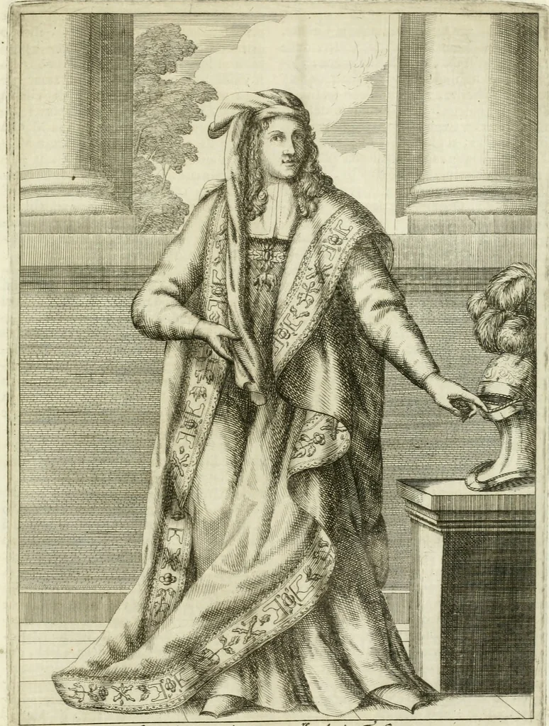 An illustration from Historie cronologiche dell' origine degl' ordini militari e di tutte le religione caualleresche infino ad hora instituite nel mondo : insegne, croci, stendardi, habiti capitolari ò di ceremonia, statuti, e constituzioni di cadaun'ordine : guerre campali e nauali, azioni, fatti celebri, & imprese de caualieri; confederazioni, trattati, paci, & auuenimenti per difesa del Nome Christiano, e propagazione della fede cattolica : serie di tutti i prencipi gran maestri, ordini di dame, e degl' infedeli &c. con le loro diuise, 1692, leaf 306