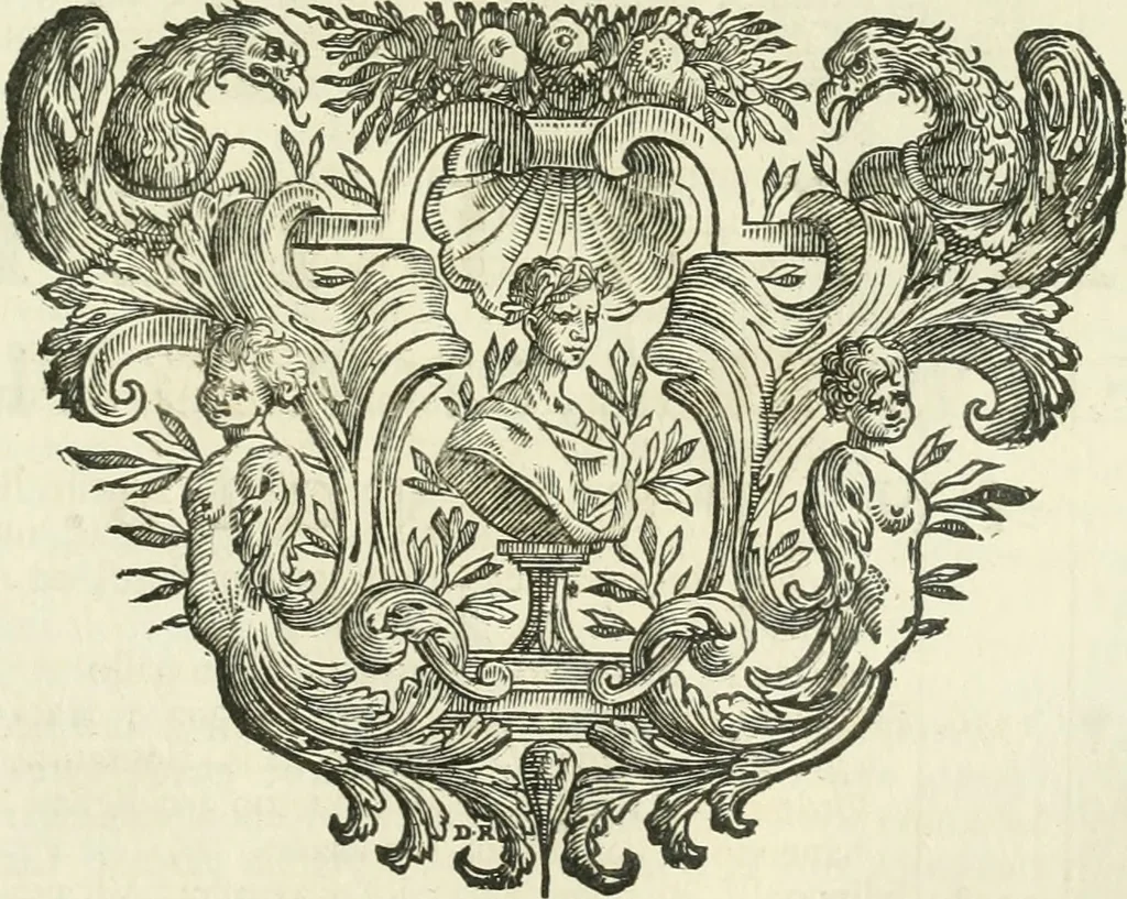 An illustration from Historie cronologiche dell' origine degl' ordini militari e di tutte le religione caualleresche infino ad hora instituite nel mondo : insegne, croci, stendardi, habiti capitolari ò di ceremonia, statuti, e constituzioni di cadaun'ordine : guerre campali e nauali, azioni, fatti celebri, & imprese de caualieri; confederazioni, trattati, paci, & auuenimenti per difesa del Nome Christiano, e propagazione della fede cattolica : serie di tutti i prencipi gran maestri, ordini di dame, e degl' infedeli &c. con le loro diuise, 1692, leaf 312