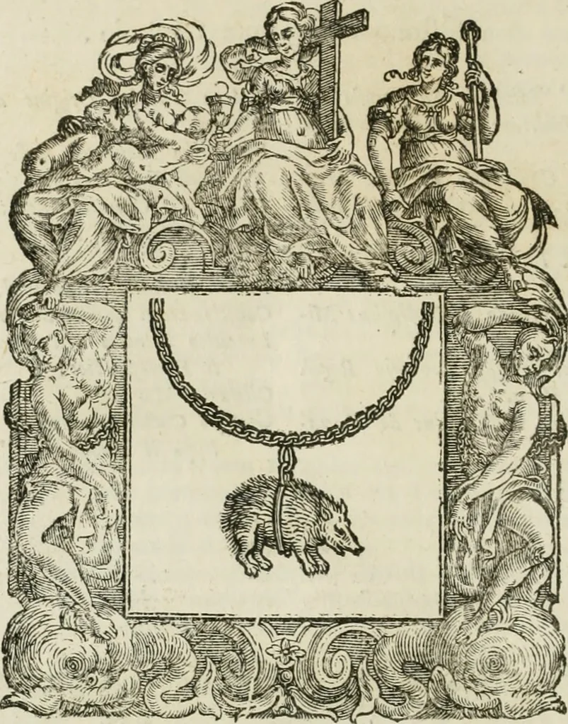 An illustration from Historie cronologiche dell' origine degl' ordini militari e di tutte le religione caualleresche infino ad hora instituite nel mondo : insegne, croci, stendardi, habiti capitolari ò di ceremonia, statuti, e constituzioni di cadaun'ordine : guerre campali e nauali, azioni, fatti celebri, & imprese de caualieri; confederazioni, trattati, paci, & auuenimenti per difesa del Nome Christiano, e propagazione della fede cattolica : serie di tutti i prencipi gran maestri, ordini di dame, e degl' infedeli &c. con le loro diuise, 1692, leaf 313