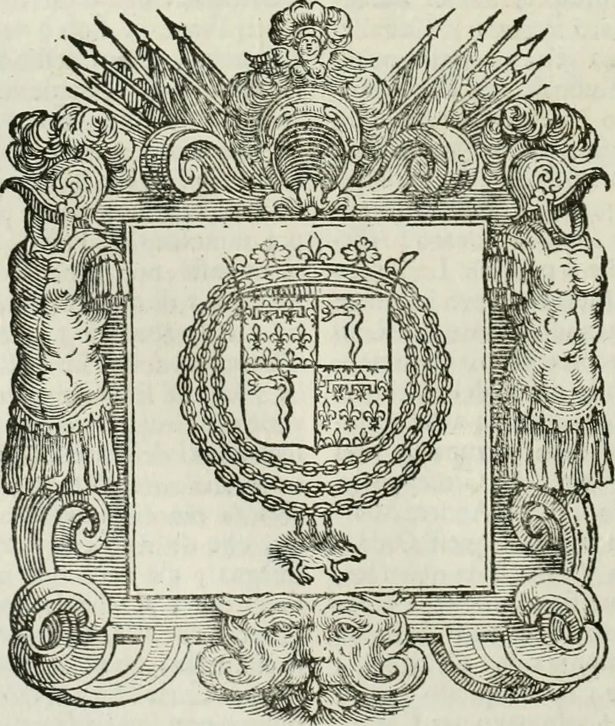 An illustration from Historie cronologiche dell' origine degl' ordini militari e di tutte le religione caualleresche infino ad hora instituite nel mondo : insegne, croci, stendardi, habiti capitolari ò di ceremonia, statuti, e constituzioni di cadaun'ordine : guerre campali e nauali, azioni, fatti celebri, & imprese de caualieri; confederazioni, trattati, paci, & auuenimenti per difesa del Nome Christiano, e propagazione della fede cattolica : serie di tutti i prencipi gran maestri, ordini di dame, e degl' infedeli &c. con le loro diuise, 1692, leaf 315