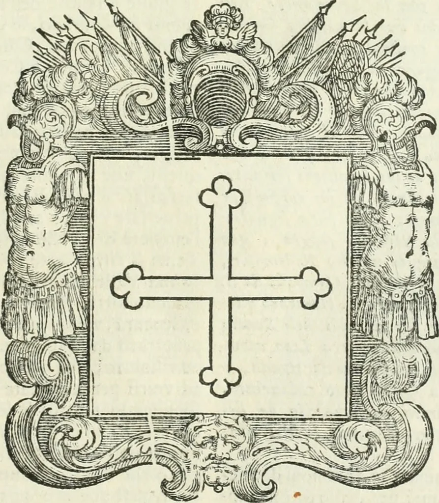 An illustration from Historie cronologiche dell' origine degl' ordini militari e di tutte le religione caualleresche infino ad hora instituite nel mondo : insegne, croci, stendardi, habiti capitolari ò di ceremonia, statuti, e constituzioni di cadaun'ordine : guerre campali e nauali, azioni, fatti celebri, & imprese de caualieri; confederazioni, trattati, paci, & auuenimenti per difesa del Nome Christiano, e propagazione della fede cattolica : serie di tutti i prencipi gran maestri, ordini di dame, e degl' infedeli &c. con le loro diuise, 1692, leaf 318