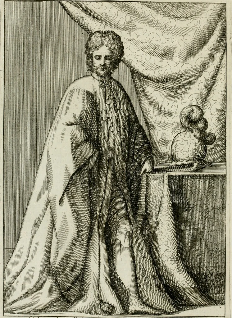 An illustration from Historie cronologiche dell' origine degl' ordini militari e di tutte le religione caualleresche infino ad hora instituite nel mondo : insegne, croci, stendardi, habiti capitolari ò di ceremonia, statuti, e constituzioni di cadaun'ordine : guerre campali e nauali, azioni, fatti celebri, & imprese de caualieri; confederazioni, trattati, paci, & auuenimenti per difesa del Nome Christiano, e propagazione della fede cattolica : serie di tutti i prencipi gran maestri, ordini di dame, e degl' infedeli &c. con le loro diuise, 1692, leaf 321