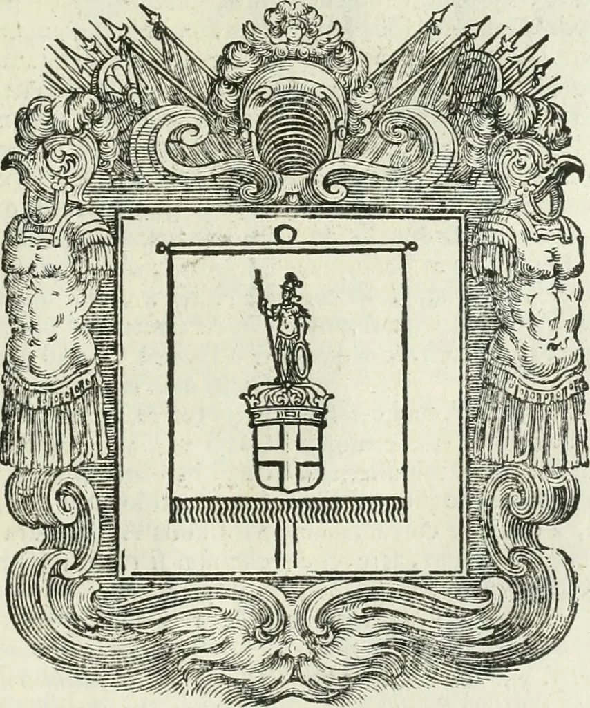 An illustration from Historie cronologiche dell' origine degl' ordini militari e di tutte le religione caualleresche infino ad hora instituite nel mondo : insegne, croci, stendardi, habiti capitolari ò di ceremonia, statuti, e constituzioni di cadaun'ordine : guerre campali e nauali, azioni, fatti celebri, & imprese de caualieri; confederazioni, trattati, paci, & auuenimenti per difesa del Nome Christiano, e propagazione della fede cattolica : serie di tutti i prencipi gran maestri, ordini di dame, e degl' infedeli &c. con le loro diuise, 1692, leaf 322