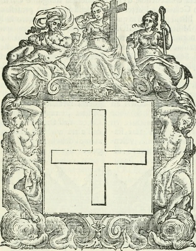 An illustration from Historie cronologiche dell' origine degl' ordini militari e di tutte le religione caualleresche infino ad hora instituite nel mondo : insegne, croci, stendardi, habiti capitolari ò di ceremonia, statuti, e constituzioni di cadaun'ordine : guerre campali e nauali, azioni, fatti celebri, & imprese de caualieri; confederazioni, trattati, paci, & auuenimenti per difesa del Nome Christiano, e propagazione della fede cattolica : serie di tutti i prencipi gran maestri, ordini di dame, e degl' infedeli &c. con le loro diuise, 1692, leaf 324