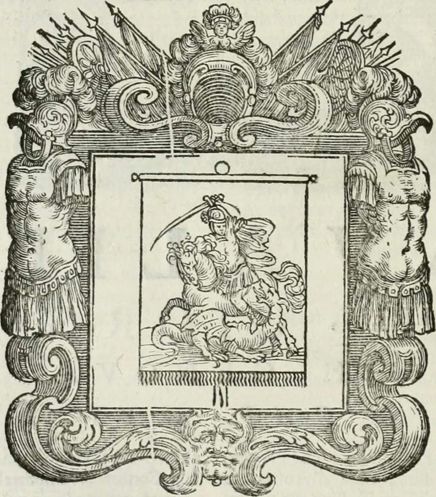 An illustration from Historie cronologiche dell' origine degl' ordini militari e di tutte le religione caualleresche infino ad hora instituite nel mondo : insegne, croci, stendardi, habiti capitolari ò di ceremonia, statuti, e constituzioni di cadaun'ordine : guerre campali e nauali, azioni, fatti celebri, & imprese de caualieri; confederazioni, trattati, paci, & auuenimenti per difesa del Nome Christiano, e propagazione della fede cattolica : serie di tutti i prencipi gran maestri, ordini di dame, e degl' infedeli &c. con le loro diuise, 1692, leaf 325